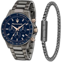 MASERATI Chronograph Maserati Herren Armbanduhr Sfida, (Chronograph), Herrenuhr Edelstahlarmband, rundes Gehäuse, groß (ca. 44mm) blau grau