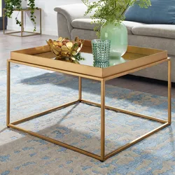 Kadima Design Quadratischer Couchtisch, verspiegeltes Glas, goldenes Metallgestell. 60x60x41 cm