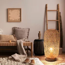 GLOBO Tischleuchte Bambusgeflecht Tischlampe Bambus Beistellleuchte Boho Wohnzimmer, natur, 1x E27 Fassung, Dxh 22x46 cm