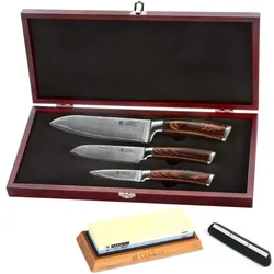3er Damastmesser-Set | 8 - 17cm Klinge aus 67 Lagen Damaststahl | Schleifstein & Zubeh√∂r