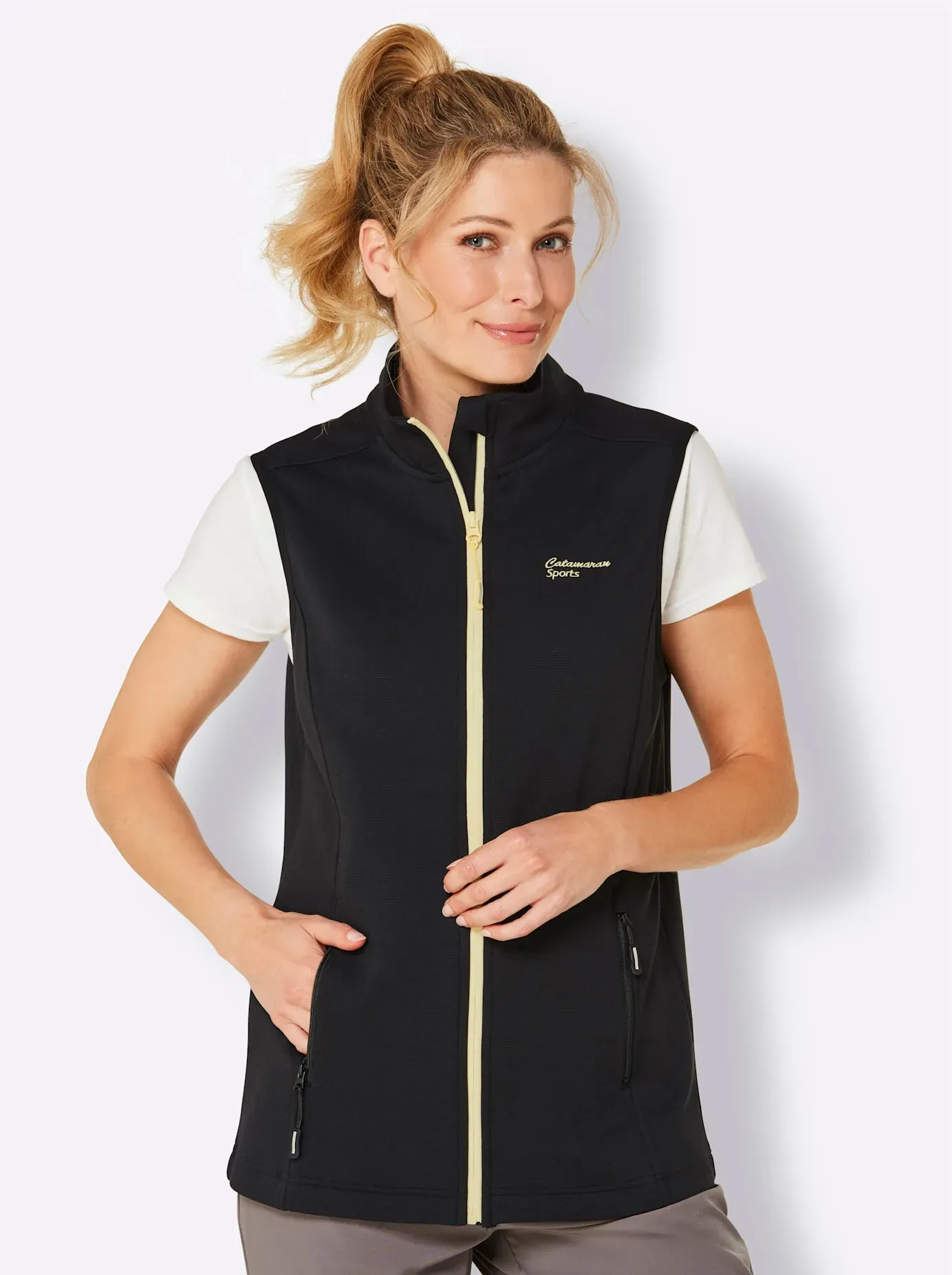 Funktionsweste CATAMARAN, Damen, Gr. 36/38, schwarz (schwarz, zitrone), 70% Viskose, 27% Polyester, 3% Elasthan, unifarben, Westen Funktionsweste