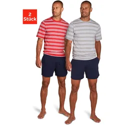 Pyjama AUTHENTIC LE JOGGER, Herren, Gr. 44/46 (S), rot (rot, grau), Jersey, Obermaterial: 100% Baumwolle, unifarben, gestreift, Basic, bequem kurz, Rundhals, Kurzarm abgesteppte Kante, Homewear-Sets, Schlafanzug mit gestreiften Oberteilen