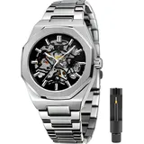 S&T Design Herren Uhr Automatik Mechanische Skelett Edelstahl Wasserdicht Armbanduhr Silber