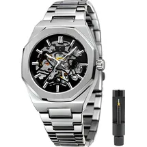 s&t design Herren Uhr Automatik Mechanische Skelett Edelstahl Wasserdicht Armbanduhr Silber