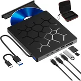 RUIZHI Bluray Laufwerk Extern, Externes CD/DVD Laufwerk USB 3.0 Typ-C Brenner mit SD/TF & 2 USB mit 2 Schnittstelle Typ-C Tragbares Laufwerk für tragbare Computer PC Linux Windows Mac OS