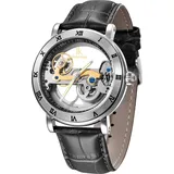 Alienwork IK Automatikuhr Armbanduhr Herren Damen Silber Lederarmband Schwarz Skelett Glasboden