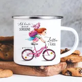 Wandtattoo Loft Kindertasse mit Namen, Motiv Schulkind Rote Haare auf Fahrrad, Emaille Tasse Kinder mit Namen, Kindertasse personalisiert, Trinkbecher Kinder, Tasse mit Namen, Camping Tasse Kinder