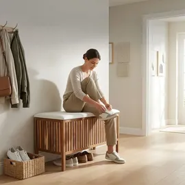 Relaxdays Wäschetruhe mit Sitz, Badbank mit Stauraum, 80 l Wäschesammler, HBT 56x78x39cm, Akazienholz, Stoff, braun/weiß