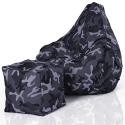 Green Bean© 2er Set Sitzsack + Hocker "Cozy+Cube" - fertig befüllt - Bean Bag Bodenkissen Sitzhocker Gamingstuhl Pouf - Camouflage Schwarz