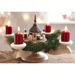 Adventsleuchter ALBIN PREISSLER "Weihnachtsdeko", beige (natur), B:29cm H:26cm T:29cm, Massivholz, Kerzenhalter, mit Seiffener Kirche