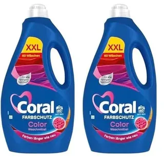 Coral Colorwaschmittel Optimal Color XXL Flüssigwaschmittel für länger strahlende Farben mit Farbpflege-Kraft natürlicher Herkunft 60 WL (Packung mit 2)