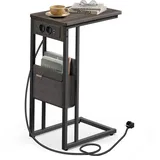 VASAGLE Beistelltisch, Sofatisch mit Ladestation, C Form, Couchtisch klein, Stofftasche, verstellbare Füße, Schlafzimmer, Wohnzimmer, 2 AC-Steckdosen, aschbraun