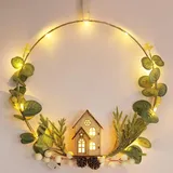 Spetebo LED Dekoring mit Holzhaus, - 30 cm - 20 LED beleuchtet / Weihnachten Winter Deko Hänge Metall Ring mit Kunstblumen,