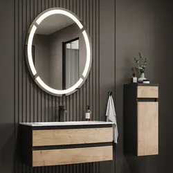 Puris Vora Badmöbel-Set 91,2 cm inkl. Flächenspiegel oval, Highboard mit Wäschekippe, Badmöbel,