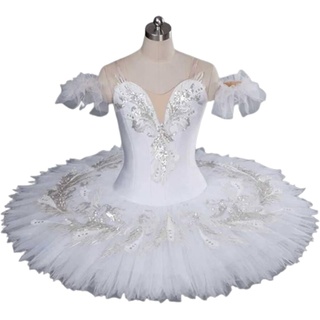 OTMYIGO Mädchen Professionelles Ballett Kostüm Ballerina Ballett Tutu Für Mädchen Prinzessin Pfannkuchen Tutu Tanz Ballett Wettbewerb Kleid,Weiß,130CM