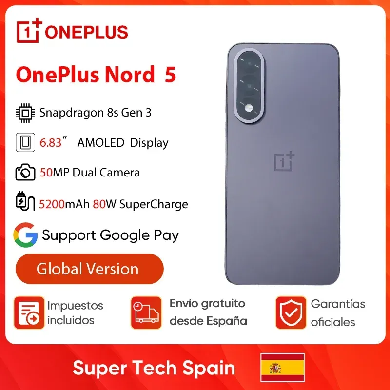 Oneplus Nord 5 Smartphone 5g Snapdragon 8S Gen 3 6,83 Zoll Amoled Display 144 Hz 5200 mAh 80 W Supervooc-Aufladung 50 MP Dual-Kameras