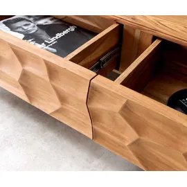 DeLife Couchtisch Solu Akazie Natur 4 Schübe Fuß schwebend Metall Schwarz 3D-Front