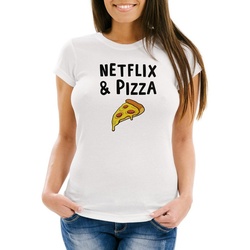 MoonWorks Print-Shirt Damen T-Shirt Netflix & Pizza Serienjunkie Slim Fit Moonworks® mit Print weiß L