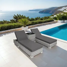 Tectake 2er Set Aluminium Rattan Sonnenliegen, wetterfest und UV-beständig, Tisch mit Staufach, inklusive 2 Bezugssets und Schutzhülle