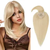 Silk-co Topper Extensions Haarteile Echthaar Clip in Extensions Echthaar Weich Natürlich Glatt Toupet Haarverlängerung mit Pony(11cm lang) 7A Remy Haare 35cm-38g 613# Bleichblond