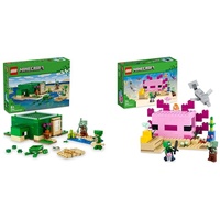 LEGO Minecraft Das Schildkrötenstrandhaus, Spielzeug-Haus mit Zubehör & Minecraft Das Axolotl-Haus Set, baubare rosa Unterwasserbasis mit Taucherforscher