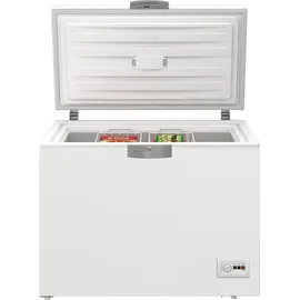 Beko HSM22340 Gefriertruhe, Kühltruhe, 230 l Nutzvolumen, 2 Gefriergutkörbe, Temperaturalarm, abschließbar, LED-Anzeigesystem, Innenbeleuchtung, 35 db(A), Transportrollen, Weiß