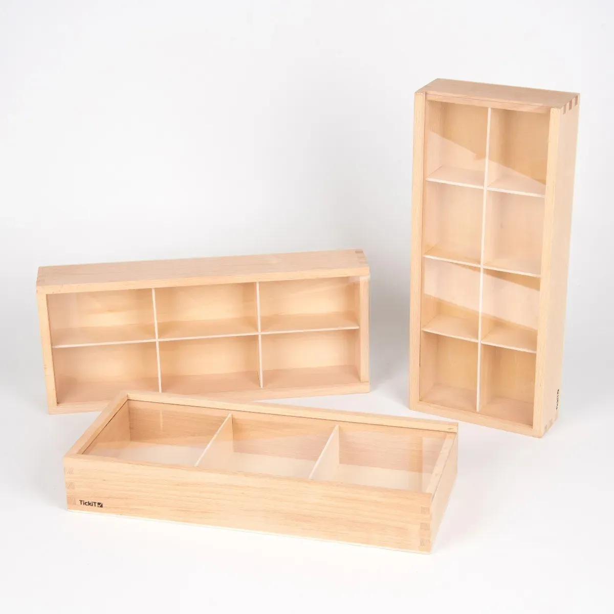 Sortierkasten 3er Set mit Deckel aus Buchenholz und Acryl, transparent - tickit - Für Kinder, 3 Größen, Montessori-inspiriert