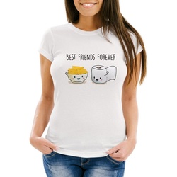 MoonWorks Print-Shirt Damen T-Shirt Hamsterkäufe Satire Best Friends Klopapier Nudeln hamstern bunkern für Ausgangssperre Pandemie Moonworks® mit Print weiß XS