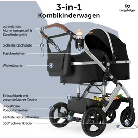 Bergsteiger Nizza 3 in 1 Kinderwagen, Kombikinderwagen Komplettset, Babywanne & Buggy Sportsitz inklusive, Isofix Station optional
