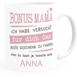 SpecialMe® Tasse personalisiertes Geschenk Spruch Papa/Mama Ich habe versucht für dich das beste Geschenk zu finden... anpassbarer Name Bonusmama - 1 Name weiß Keramik-Tasse