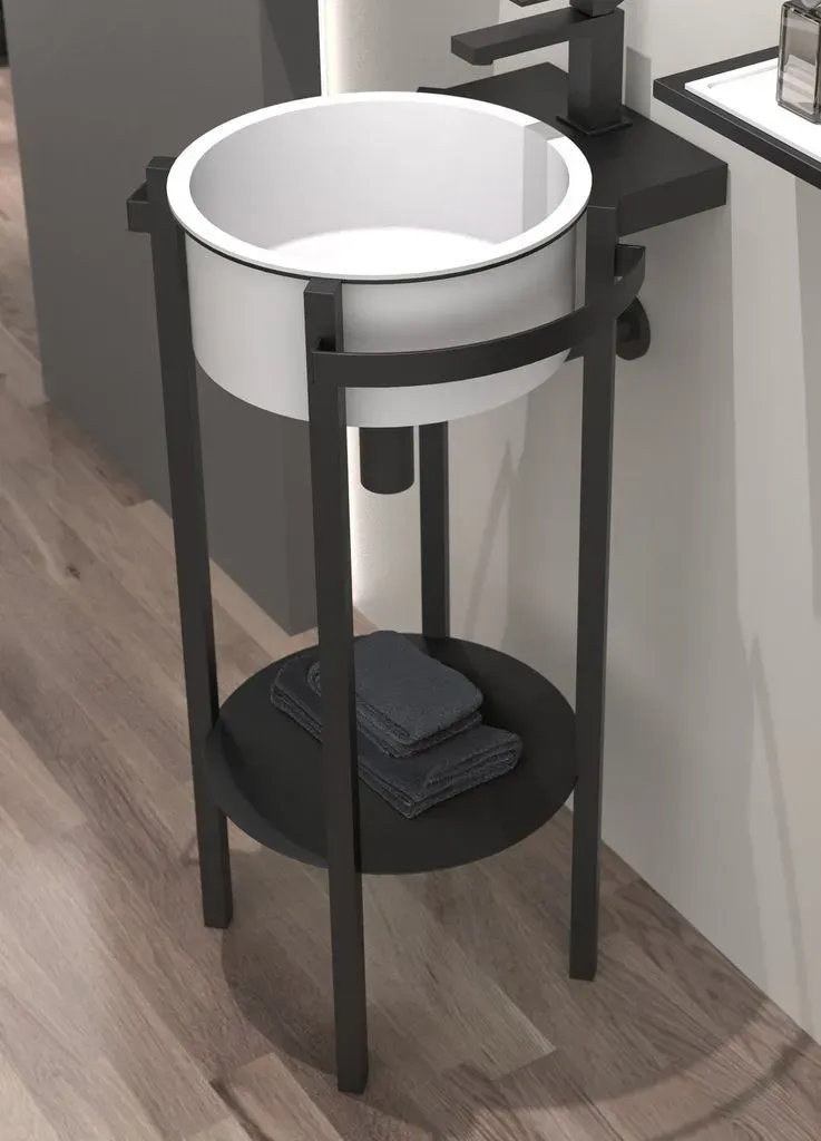 Glassdesign Tondo Compact Handwaschbecken mit Untergestell Gestell Weiß matt / Becken Schwarz matt - Neutral