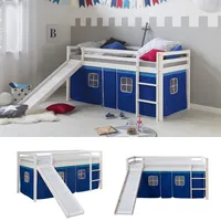 Hochbett 90x200 mit Rutsche Kinder Weiß Bett Stockbett Vorhang Blau Homestyle4u