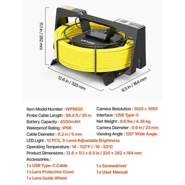 Vevor Endoskopkamera 30m 1080p HD IP68 mit WLAN und 12 LEDs