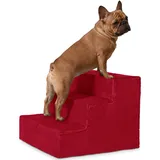 VELORA H&L Hundetreppe 3 Stufen Rot - Stabile Holzkonstruktion mit Veloursbezug, rutschfeste Hundetreppe für Sofa und Bett, Haustiertreppe für Hunde und Katzen, Belastbar bis 80 kg
