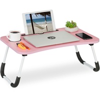 Relaxdays Laptoptisch für Couch, klappbar, Tablethalter, Getränkehalter, Betttisch, HxBxT 26 x 63 x 40 cm, rosa/weiß