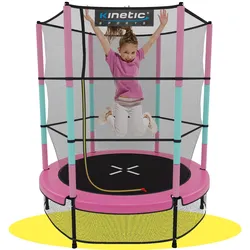KINETIC SPORTS Kinder Trampolin JUMPER 140 cm - Inklusive Gummiseil Federung, Sicherheitsnetz mit Reißverschluss, Rahmenpolster, Schutz Bodennetz - Indoor Kindertrampolin Spielzeug   Pink-Türkis