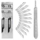 Set - 10 Stück sterile Skalpellklingen Figur 15 aus Karbonstahl - Ersatzklingen einzeln steril verpackt + 1 x Shehadeh - Skalpell-Halter mit 13 cm langem Griff inkl. Meßskala in cm - Edelstahl