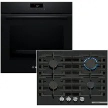 Bosch Backofen-Set Gaskochfeld Schwarz 71 Liter Pyrolyse 3D Heißluft FlameSelect