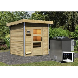 KARIBU Saunahaus »Doblen«, BxTxH: 196 x 196 x 228 cm, 9 kW Bio-Kombi-Ofen mit ext. Steuerung - beige