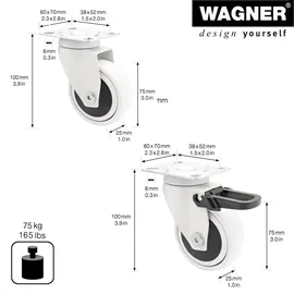 Wagner System WAGNER Design - 3C Lenkrollen soft 2tlg. Set - Ø 75 mm, Kugellager, Tragkraft je 75 kg - 02227602