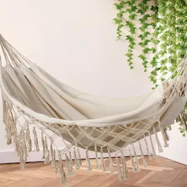 outtec Outtec® Hängematte - 200x150 cm, bis 200kg - Boho Baumwoll Hammock für Outdoor, Garten, Balkon, - für Kinder und Erwachsene, Beige