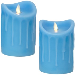LED Kerze Echtwachskerze mit Timer Ø9,5cm Echtes Wachs 14cm Blau Tropfendesign mit Flammen-Simulatio