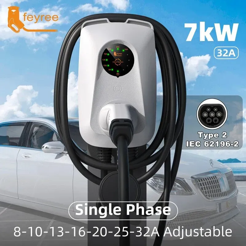 feyree 7 kW EV-Ladestation Typ 2, 32 A, stromverstellbar, Schnellladung, Steckdose-Version, Wandmontage, freier Kabelhalter