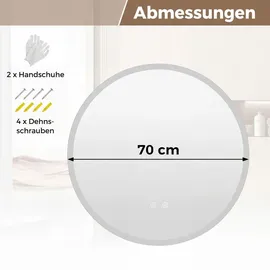 Costway Runder Spiegel, Wandspiegel mit Beleuchtung, Badspiegel mit 3 Lichtfarben, stufenlose Dimmung, Anti-Beschlag, Badezimmerspiegel,70 cm