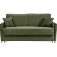 3-Sitzer-Schlafsofa aus dunkelgrünem Chenille-Stoff und hellem Holz mit 18 cm Matratze SKANDY