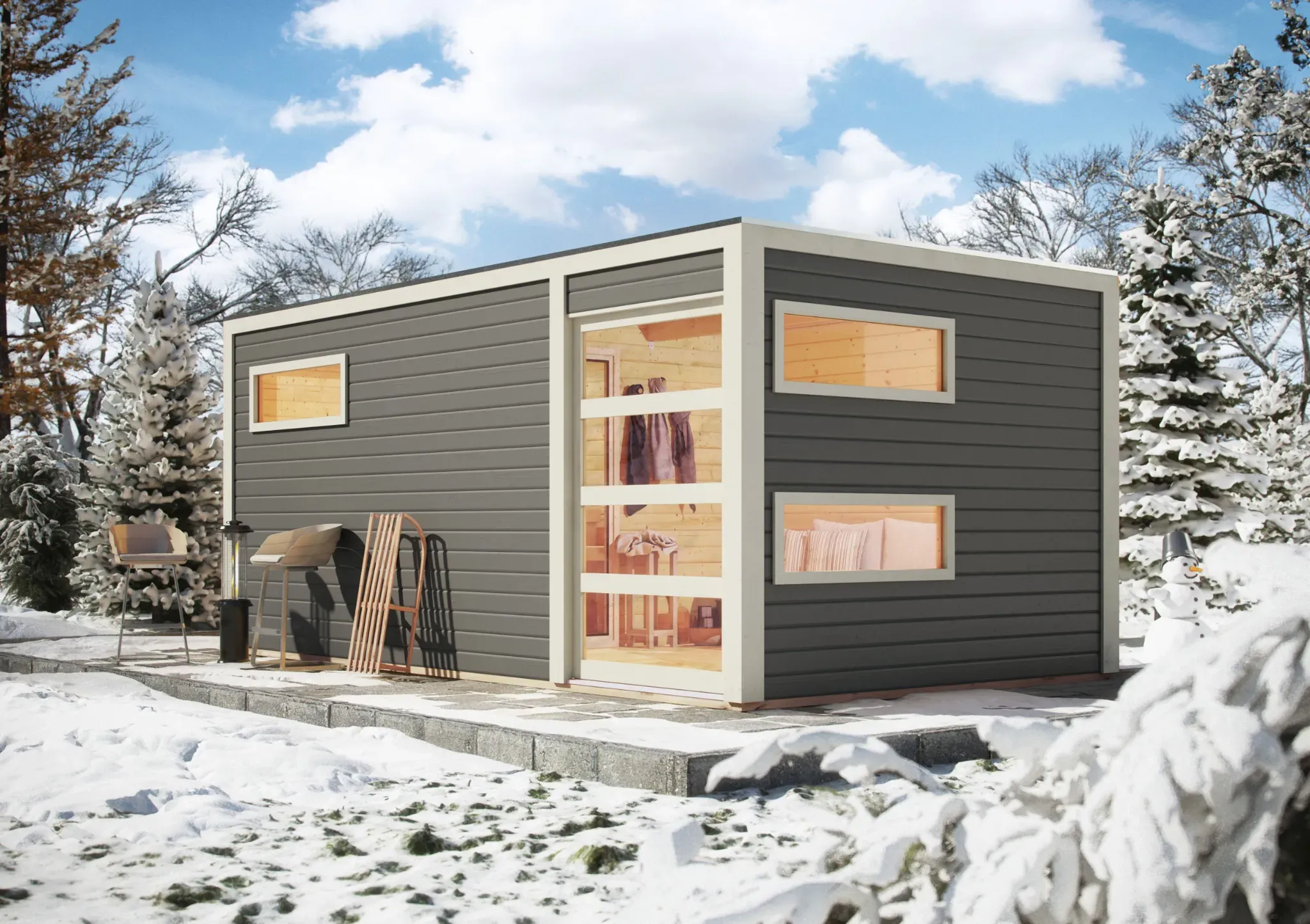 Karibu Aktionsangebot (inkl. 100 Euro Zubehör): Holz Gartensauna / Saunahaus "Hygge",terragrau,508 x 276 x 221 cm (B x T x H)
