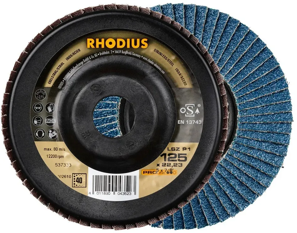 RHODIUS LSZ P1 115 x 22,23 - Premium Fächerschleifscheibe 40 für Experten - Ideal für glattes Schlei