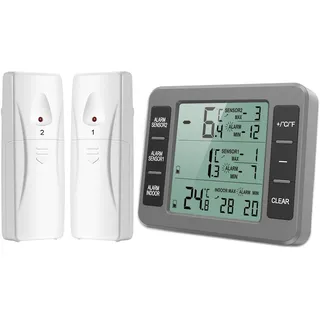 Brifit Kühlschrankthermometer, Gefrierschrank-thermometer, Digitales Kühlschrank Thermometer Innen Außen mit Temperatur Alarm, 2 Sensoren, MIN/MAX,Temperaturtrendanzeige Pfeil