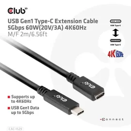 Club 3D USB-Typ-C Gen1 Verlängerungskabel 5Gbps 60W(20V/3A) 4K60Hz St./B 2m