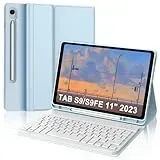 IVEOPPE Tastatur für Samsung Galaxy Tab S9 FE 10.9"/S9 11", Hülle mit Tastatur für Samsung Tab S9/S9FE 2023, Bluetooth Magnetisch Abnehmbarer QWERTZ Tastatur Galaxy S9 Tablet, Babyblau